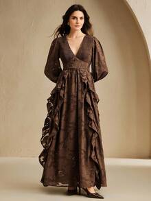 Anewsta New Stylish Design V-Neck Floral Ruffle Hem Maxi Dress, Slimming - Coffee - View 3