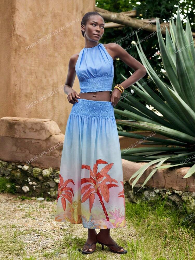 SHEIN Maija 2pcs/Set Women's Solid Sleeveless Top & Printed A-Line Skirt Vacation Outfits Woman Beach Outfits For Woman Vacation Outfits Women Birthday Outfits For Women Cute Summer Tops Beach Vacation Outfits Hawaii Outfits Women Skirt Two Pieces Set Fairycore Boho Women Clothing Bohemian Clothes For Women Off The Shoulder