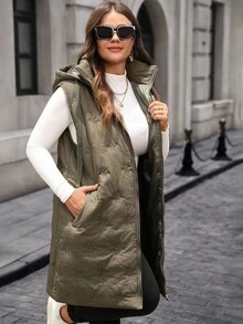 EMERY ROSE Plus Size Women Zipper Front Pockets Drawstring Hooded Sleeveless Winter Jacket,Winter Clothes,Chic Autumn&Winter Fall - Army Green - View 3