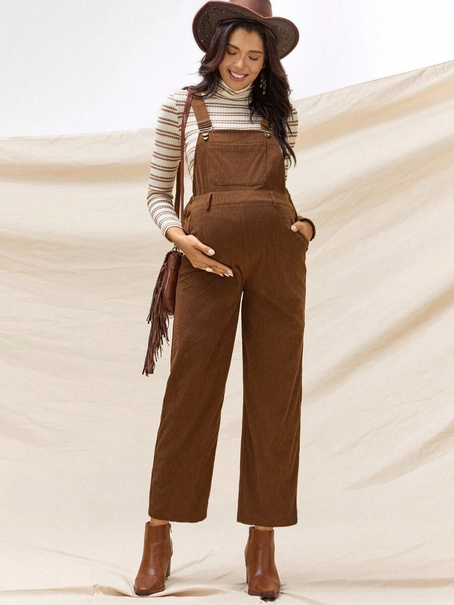 Boho Mama 2-Piece Maternity Khaki Striped Turtleneck Top & Solid Adjustable Shoulder Strap Jumpsuit Set,Bohemian Style Autumn Casual Photoshoot Rave Outfits - Khaki - View 1