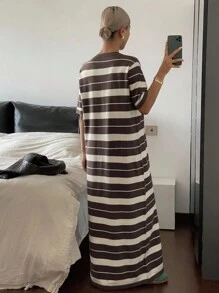 Livesso Women's Summer Round Neck Short Sleeve Striped Knit Dress Women Sweater Dresses Sundress Maxi Dress - Brown - View 2