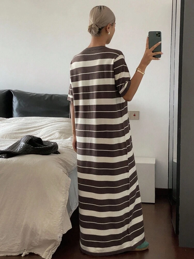 Women's Striped Knit Dress With Round Neck Short Sleeve And Loose Pants