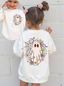 SHEIN 年轻女孩基本款圆领羊毛运动衫，白色星期三亚当斯万圣节冬秋秋季时尚运动衫，适合万圣节派对