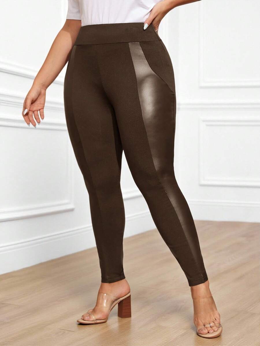 Miaspire Plus Size Women's PU Leather Splice Leggings, Fall - Brown - View 1