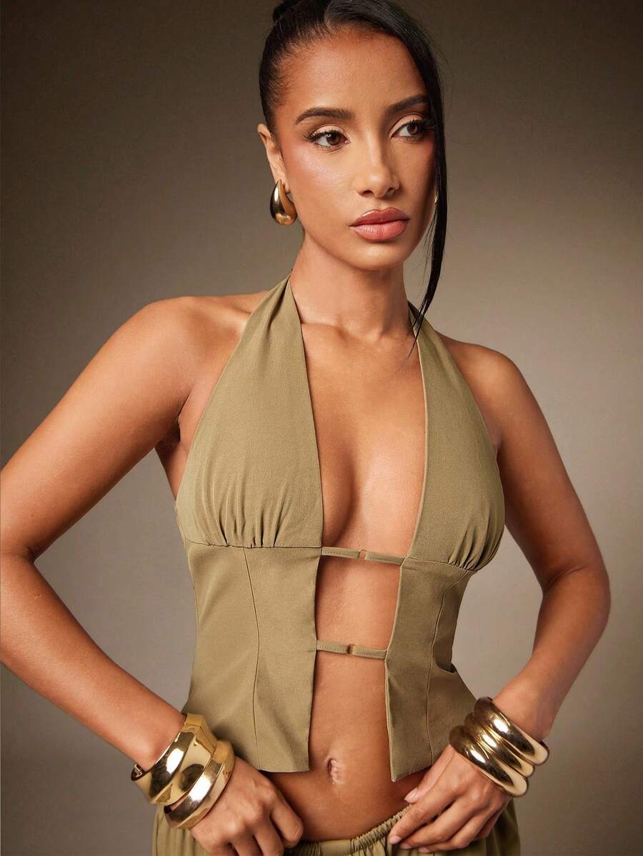 Hauture Blusa casual y sexy de mujer con cuello halter, de tejido elástico de color verde oliva para salir - Caqui - Ver 1