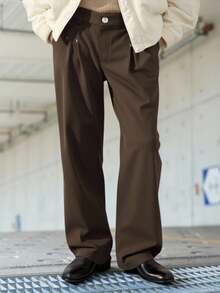 ROMWE MEN Street Life Celana Kasual Pria Polos Lipit Lurus Longgar - Coffee Brown - View 1