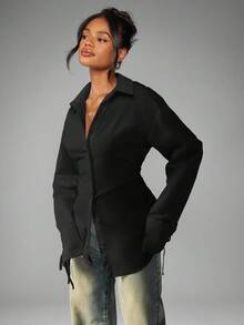 MISSGUIDED Áo sơ mi công sở thanh lịch cỡ lớn, tay dài, cài nút, eo nhún, thắt nơ, chi tiết cổ tay, thời trang công sở chuyên nghiệp mùa thu đông, trang phục công sở - màu đen - Xem 7