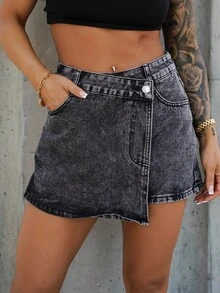 SAYEHFBABY Falda pantalón de mezclilla sencilla y casual de unicolor para mujer - Gris Oscuro - Ver 5
