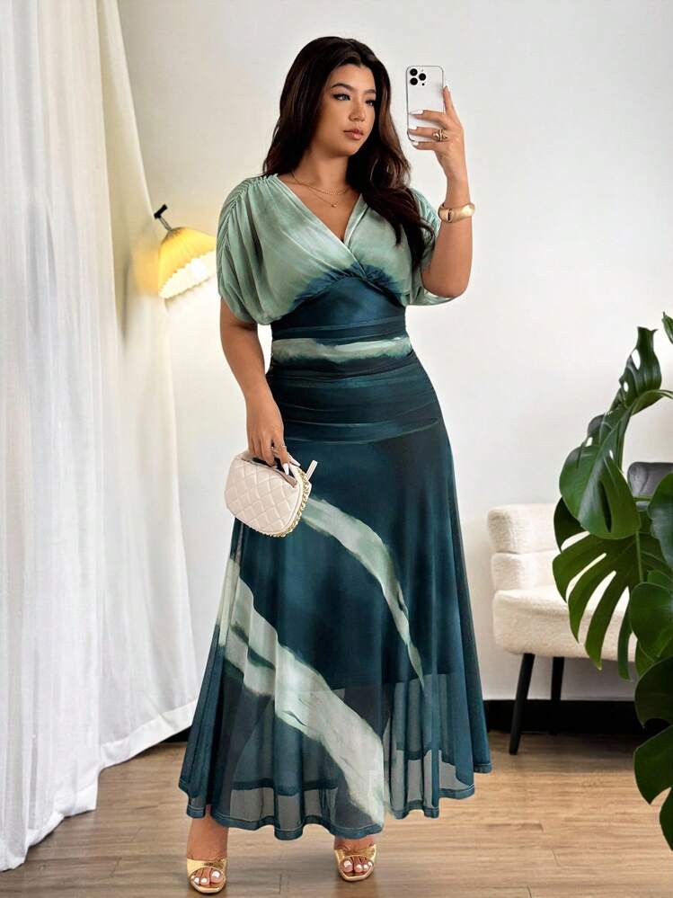 Firerie Plus Size Elegant Vacation Tie Dye Ruched V-Neck Elastic Waist Flowy Dress, Comfortable Casual, Spring/Fall,Fall Clothes For Women,Wedding Guest Dress Women - Multicolor - View 1