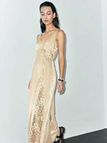 Chiquease Summer Sexy Spaghetti Strap Lace Patchwork Tie-Knot Backless Dress - Champagne - View 5