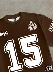 Manfinity Roghcode Áo thun ngắn dáng rộng in số phong cách đường phố dành cho nam - màu nâu - Xem 2