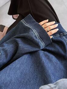 FRIFUL 女式休闲水洗落肩宽松牛仔衬衫 - 藍色 - 查看 6