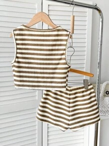 SHEIN Tween Girl Casual Basic Textured Knit Sleeveless Top And Shorts 2 Pieces Set - Khaki - View 2