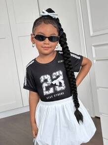 2pcs Young Girl Knitted Numeric Pattern V-Neck T-Shirt And Ruffle Hem Skirt Set - Blue - View 2