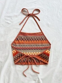 Soleia Canotta corta con stampa geometrica e allacciatura a fiocco sulla schiena, top crop primaverile da donna
