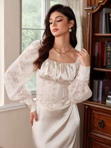 SHEIN MOD Women's Elegant Cream White Jacquard Lantern Sleeve Blouse And Skirt 2 Pieces Set,Victorian Autumn Dinner Date White Satin Long Sleeve Corset Top - Apricot - View 4