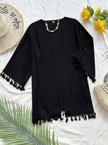 Soleia Open Front Drop Shoulder Tassel Hem Kimono Summer - Black - View 1