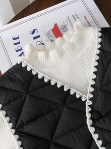 1 pezzo Gilet imbottito in cotone con motivo a diamanti e bordo arricciato per ragazze pre-adolescenti, adatto per autunno/inverno - nero - Visualizzare 6