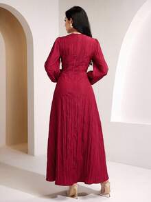 Veilorie Women's Round Neck Lantern Sleeve Waist Metal Flower Decor Elegant Dress - Burgundy - View 4