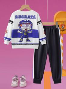 Nick 90s | SHEIN 2pcs/Set Young Boy Sports Casual Jersey Style Cartoon & Numeric Graphic White Crew Neck Long Sleeve Sweatshirt And Pants Knit Tracksuit - Multicolor - View 2