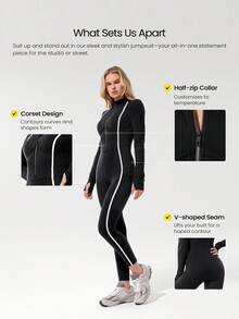 GLOWMODE Bộ jumpsuit dài tay 24" FeatherFit™-Air Bold Glow, chất liệu mềm mại, thoáng khí, thấm hút mồ hôi, khóa kéo phía trước, eo kiểu corset, sọc tương phản, lỗ xỏ ngón tay cái, lưng chữ V sâu, mút ngực có thể tháo rời, thích hợp cho hoạt động thể thao hàng ngày nhẹ nhàng, mùa xuân hè. - màu đen - Xem 2