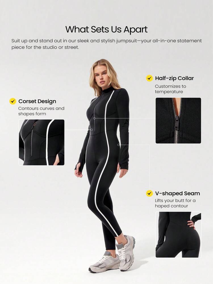 Mono de manga larga de 24" con estilo de corsé, con cremallera frontal, tiras de contraste, aberturas para los pulgares, espalda en V profunda, copas desmontables, tejido transpirable y que absorbe la humedad, para uso diario y actividad de bajo impacto