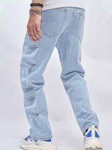 Chillumni 男士多口袋休闲日常牛仔裤，春秋季 - 淺色水洗藍 - 查看 2