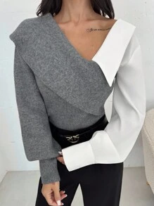 Firerie Casual And Elegant Gray And White Stitching Long-Sleeved Sweater, Suitable For Commuting, Work Wear And Outdoor Occasions/Fall/Back To School/Homecoming/Old Money Style Women/Autumn Bottoms/Tops For Going Out/Pile Collar Pleated Tops/All/Business Casual/Vintage/Fall