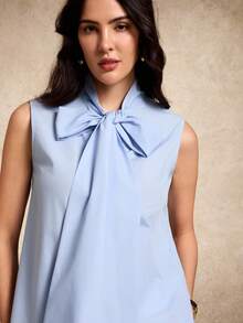 House of One Tie Front Cotton Blend Woven Sleeves Button-Up Shirt Top Women Casual Spring Summer Wear Baby Blue Top Women Bow Top Women Light Blue Top Women Sleeveless Top Blue And White Women