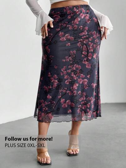 Firerie Elegant Floral Print Fitted Skirt, Plus Size