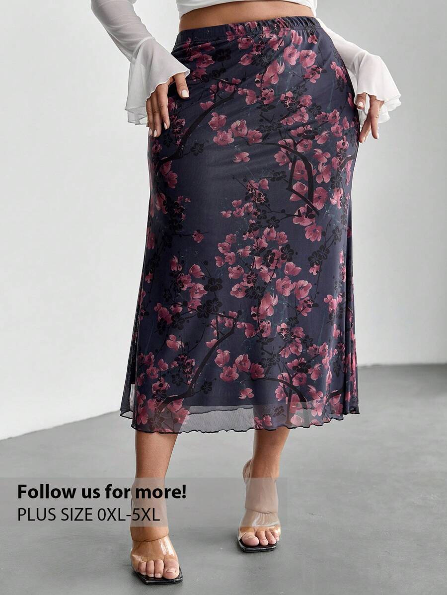 Firerie Elegant Floral Print Fitted Skirt, Plus Size - Multicolor - View 1