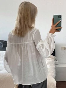 Livesso Blusa de manga larga con empalmado de encaje y lazo delantero, estilo bohemio para vacaciones de verano - Blanco - Ver 2