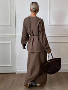 Livesso Women's V-Neck Tie Waist Top And Loose Fit Skirt 2 Pieces Set - Coffee Brown - View 2