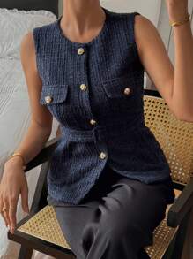 Livesso Áo ba lỗ không tay cổ tròn ôm sát mùa hè dành cho nữ - Màu xanh hải quân - Xem 6