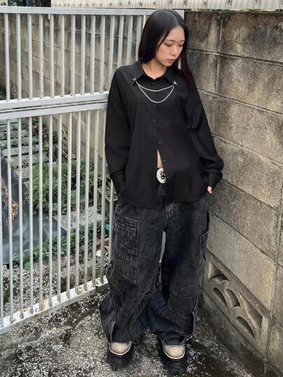 FRIFUL Women's Black Solid Color Chain Collar Decoration Long Sleeve Loose Casual Versatile Blouse, Suitable For Autumn