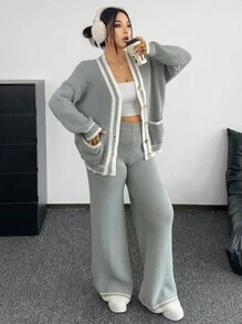 POPSWAY Conjunto de cardigan de punto con bolsillos y botones delanteros + pantalones de punto holgados para mujer de talla grande, adecuado para usar en primavera, otoño e invierno, apropiado para uso casual, de ocio y para ir al trabajo - Gris Claro - Ver 5