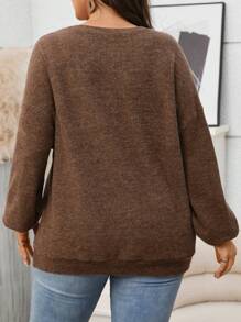 Plus Size Solid Color Casual Pullover Sweatshirt, Autumn/Winter - Coffee Brown - View 2