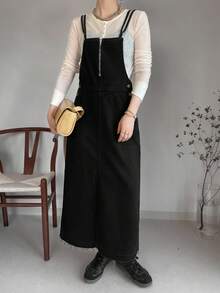 FRIFUL Robe salopette en jean décontractée pour femmes avec fermeture éclair à demi-patte et design de boutons latéraux - Noir - Voir 2