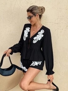 SHEIN Frenchy 2pcs Women Casual Long Sleeve Top And Loose Shorts Set Fall Women Clothes  Black Romper Women Vacation Romper Winter Black - Black - View 7