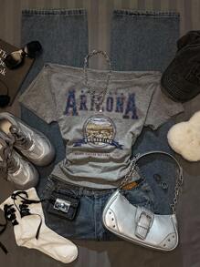 SHEIN EZwear Women's Casual Minimalist GRUNGE American Landscape Slogan Print Ruched Waist Off-Shoulder Tight Short Sleeve T-Shirt, Suitable For Summer, Y2K Asymmetric Shoulder Fitted Styling,Off The Shoulder Top