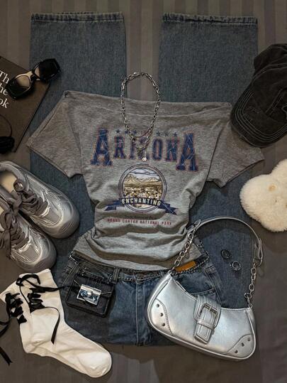 SHEIN EZwear Women's Casual Minimalist GRUNGE American Landscape Slogan Print Ruched Waist Off-Shoulder Tight Short Sleeve T-Shirt, Suitable For Summer, Y2K Asymmetric Shoulder Fitted Styling,Off The Shoulder Top