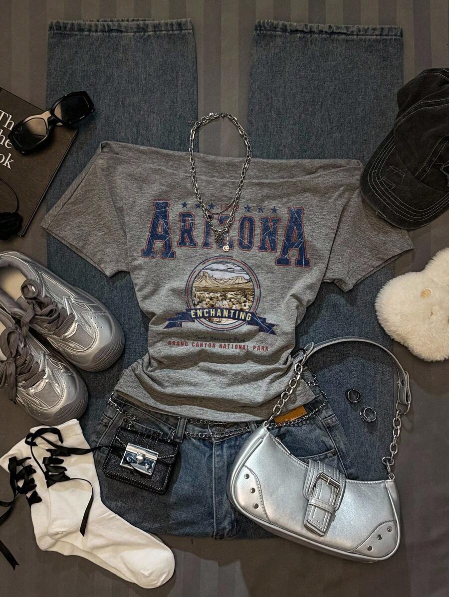 SHEIN EZwear Women's Casual Minimalist GRUNGE American Landscape Slogan Print Ruched Waist Off-Shoulder Tight Short Sleeve T-Shirt, Suitable For Summer, Y2K Asymmetric Shoulder Fitted Styling,Off The Shoulder Top