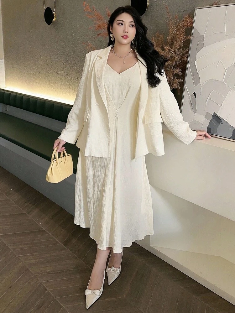 Dazy Plus Textured Fabric Wrap Dress & Blazer Two Pieces Set, White, Business Casual Plus Size Women