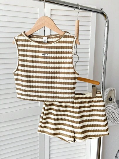 SHEIN Tween Girl Casual Basic Textured Knit Sleeveless Top And Shorts 2 Pieces Set