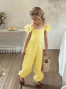 SHEIN X Scheana LMoss Kids Young Girl Woven Solid Color Ruffle Jumpsuit - Yellow - View 2