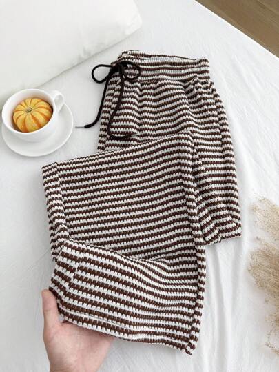 Comfortcana 大码女式条纹抽绳腰口袋阔腿宽松裤