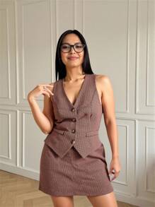 SHEIN MOD 大码女式千鸟格纹背心和短裙套装，百搭商务优雅，适合新女性，秋季工作装，返校装