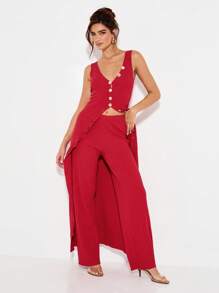 KIZN Ribbed Knit Wide Leg Pants Button Detail Fall Winter Palazzo Style Lounge Bottoms Flowing Long Pants High Waisted Casual Evening Holiday Resort Wear