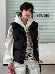 DAZY Áo khoác mùa đông rộng rãi, thoải mái, có khóa kéo phía trước màu trơn cho bé trai tuổi teen - màu đen - Xem 4