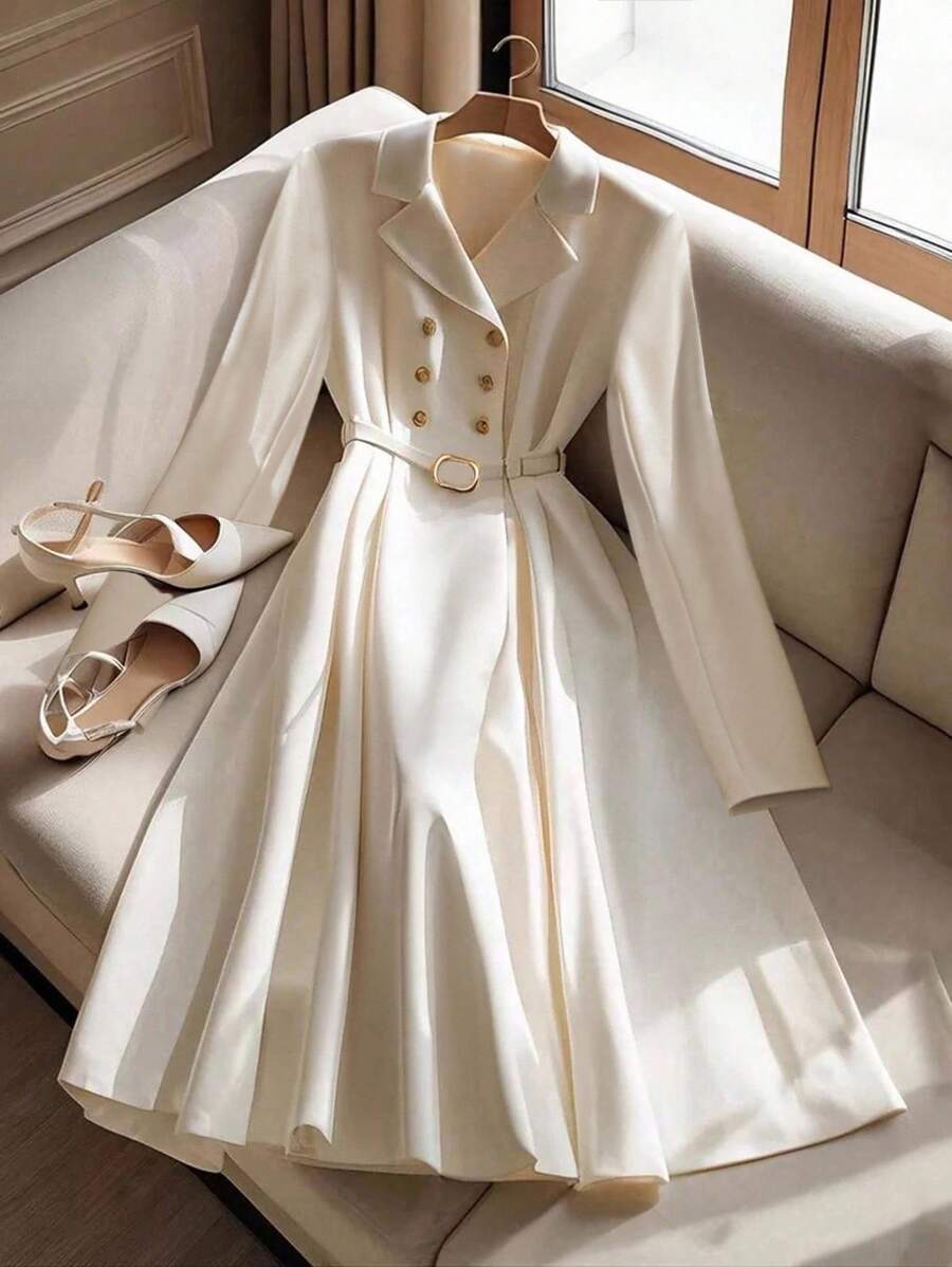 Lyxana Women's Solid Color Lapel Collar Long Sleeve Double-Breasted Elegant Office Midi Dress Fall Cloth For Women - Apricot - View 1